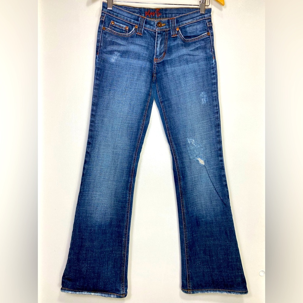 Plastic By Gly Embroidered Low Rise Distressed Boot Cut Junior’s Jeans, 3